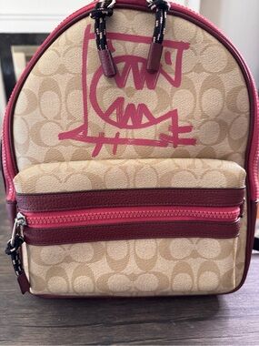 Coach Beige Signature Canvas Mini Backpack with Pink and Burgundy Trim
